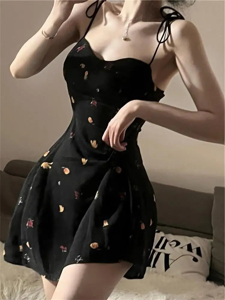 qgtao Summer Y2K Retro Floral Strap Bow Black Dress Mini Fashion Aesthetic Club Party Sexy Dresses for Women A-line Outfits