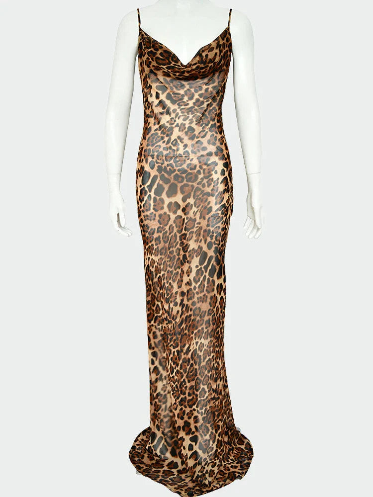 qgtao  Sexy V Neck Leopard Party Dress Women Spaghetti Strap Backless Slim Maxi Dress Summer Chiffon Long Beach Dress Vestidos