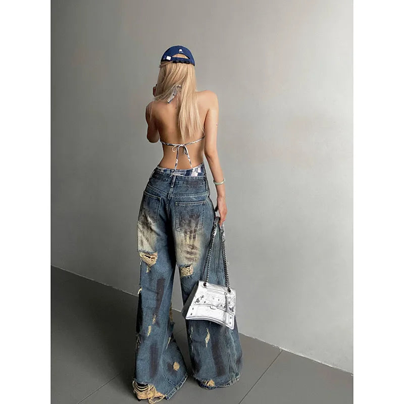 qgtao  -  Women Ripped Blue Y2k Jeans Harajuku Streetwear Denim Trousers Aesthetic Jean Pants Vintage Japanese 2000s Style Trashy Clothes