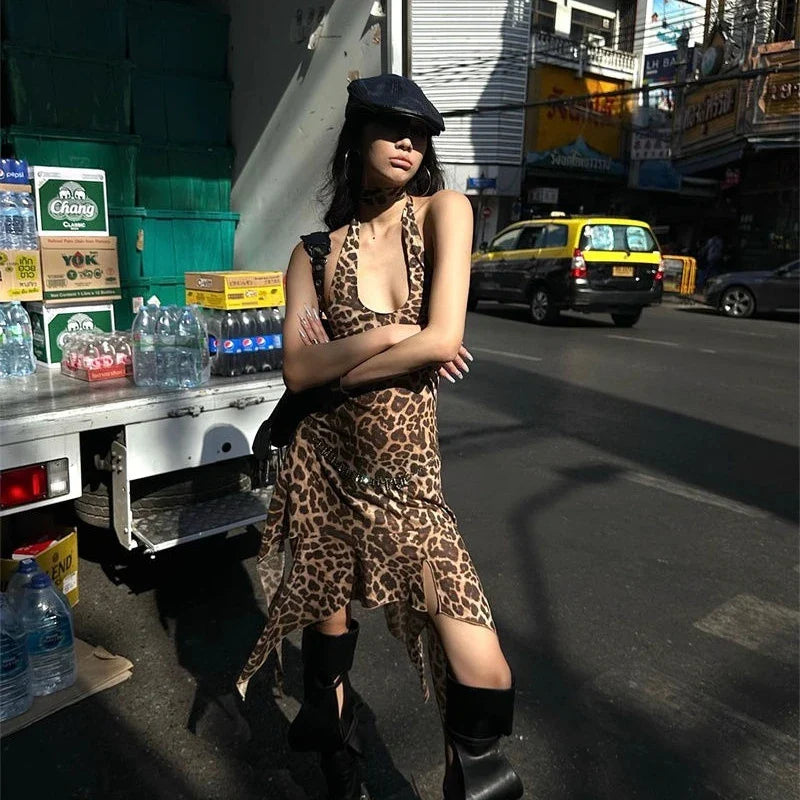 qgtao Leopard Printed Sexy Woman Dresses Vintage Mini Backless Y2k Dress Short Streetwear Party Female Fashion Hotsweet Chic