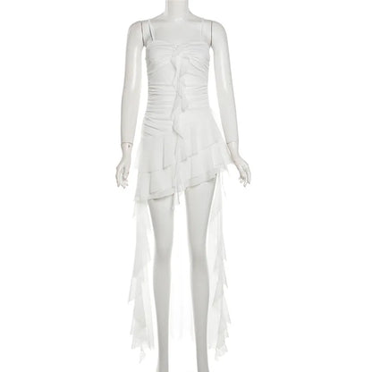 qgtao Y2k Sexy Mesh Ruffle Irregular High Low Dress White Black Sleeveless Long Dresses Summer Y2K Clothes Women 2024