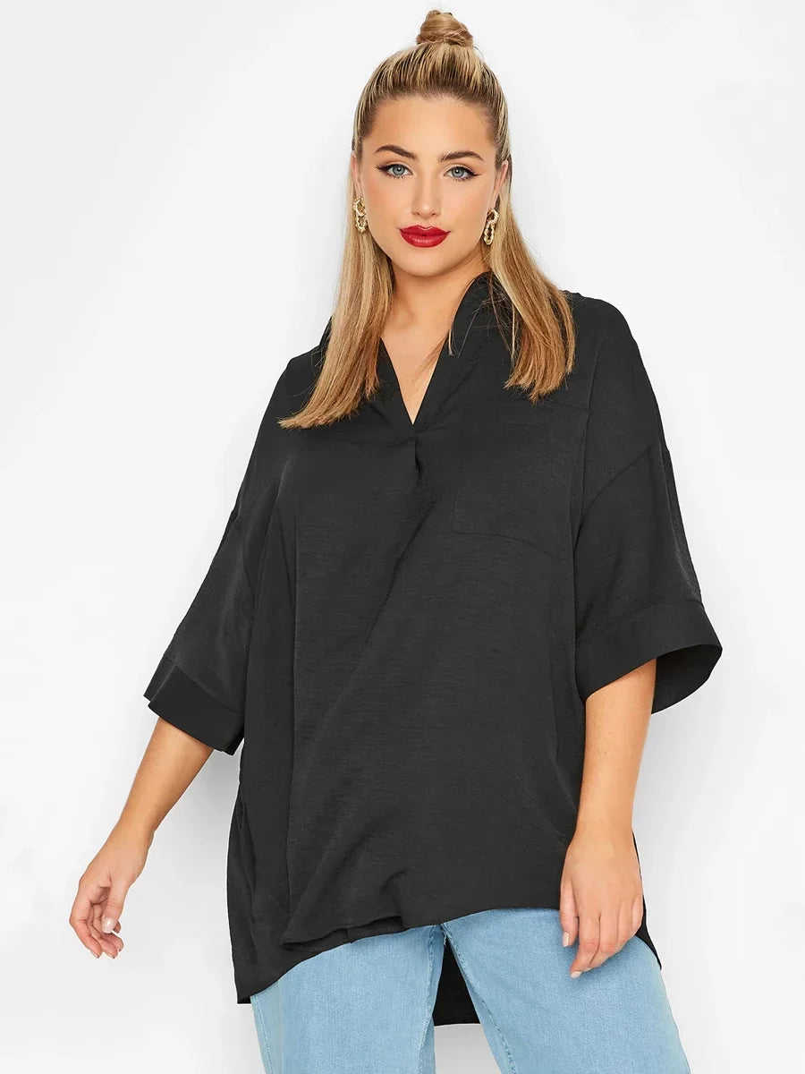 qgtao Plus Size V-neck Spring Autumn Elegant Hi Low Blouse Women Loose 3/4 Sleeve Black Tunic Tops Large Size Blouse And Tops Shirt 6X