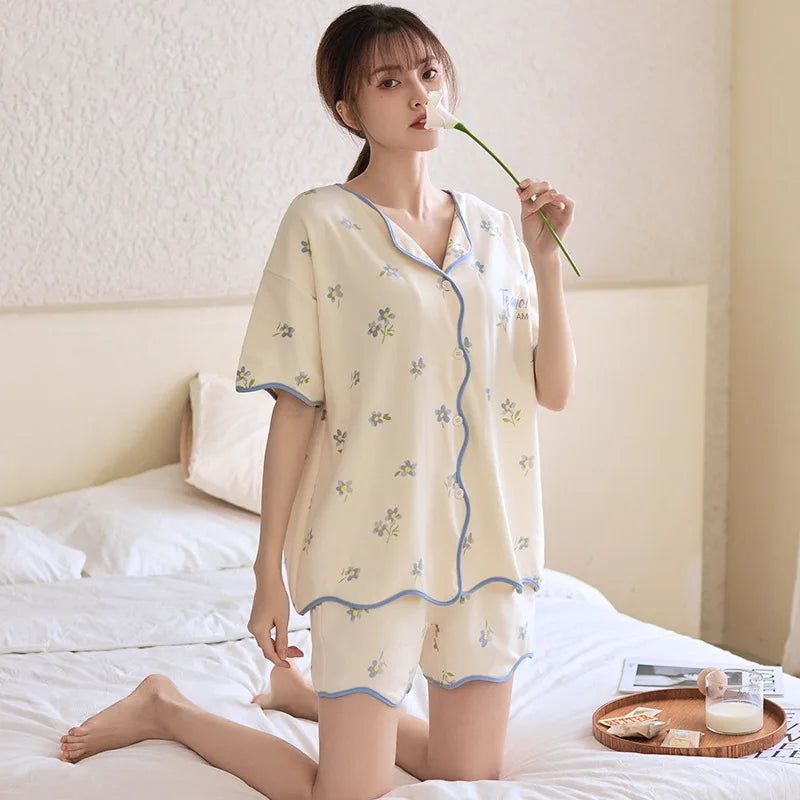 qgtao Spring Cardigan Lapels Nightwear Girls Young Women's Pajama Sets Pyjamas Loose Sleepwear Female Loungewear Pijama Mujer Homewear