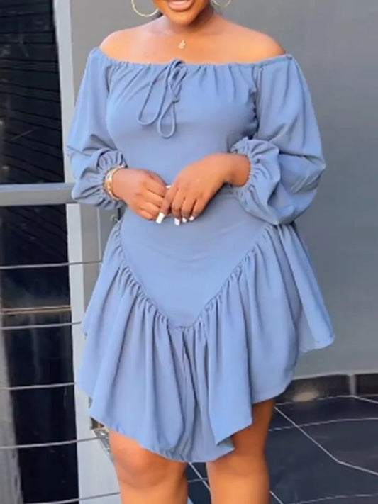 qgtao  Plus Size dress Off The Shoulder Drawstring Ruffle Design Dress Autumn NEW sexy long sleeve dresses 2023 Casual Mini Dresses