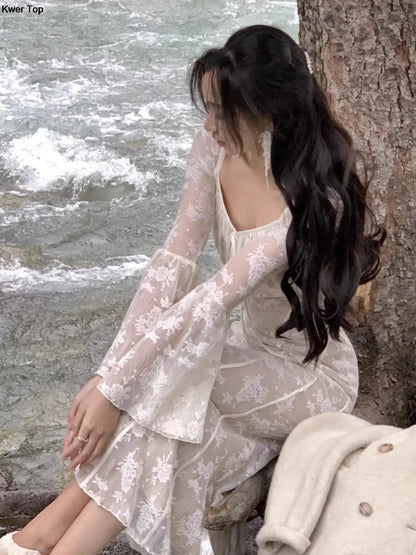 qgtao Elegant Flare Sleeve Mermaid Long Dress Spring Summer Slim Wedding Runway Party Lace Vestidos Women Vintage Clothing