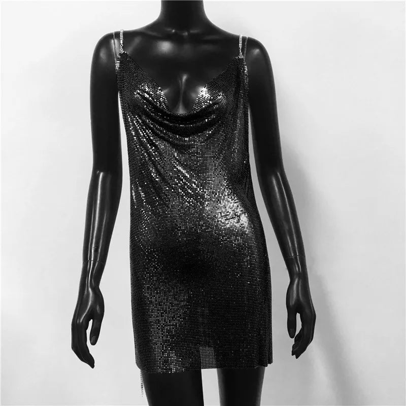 qgtao Metal Sequins Low Cut Sexy Women Dress 2024 Sleeveless Backless Spaghetti Strap Neck Fashion Party Club Mini Dresses