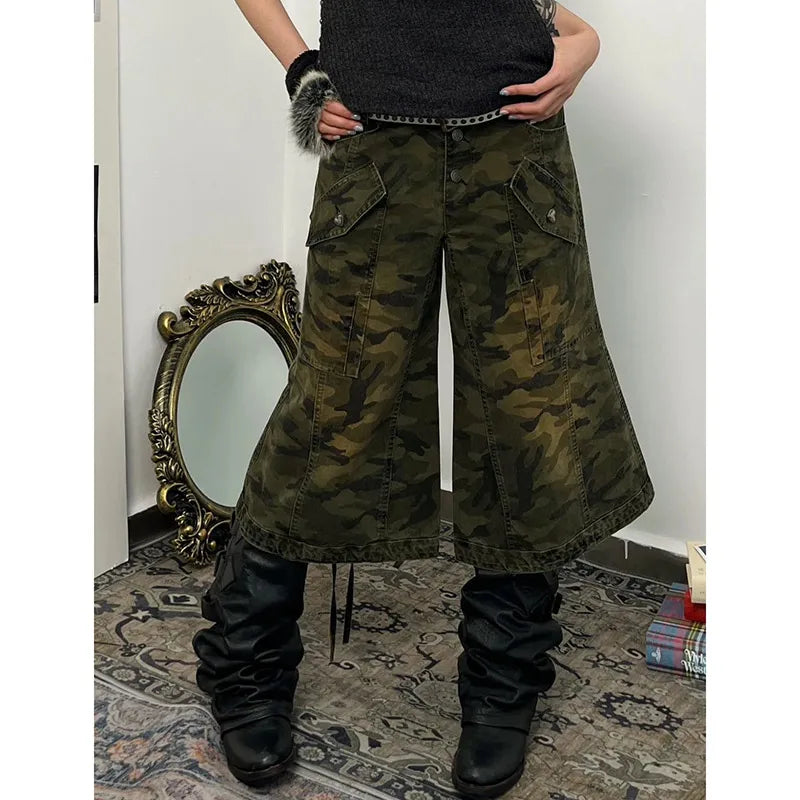 qgtao  -  Women's Shorts Jeans camouflage High Waist Straight Pants Streetwear Harajuku Y2K Female Wide Leg Denim Five Points Trouser 2024