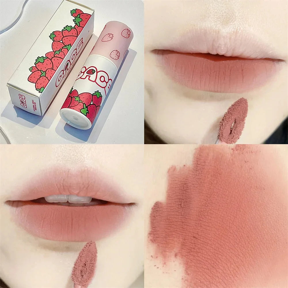 qgtao Lovely Strawberry Matte Liquid Lipstick Velvet Nude Red Lip Gloss Long Lasting Non-stick Cup Lip Mud Tint Cream Makeup Cosmetics