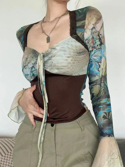 qgtao Y2k Vintage Tie Dye Printed Patchwork Square Neck T-shirt Flare Sleeve Slim Fit Streetwear Spring Autumn Shirts 2024.