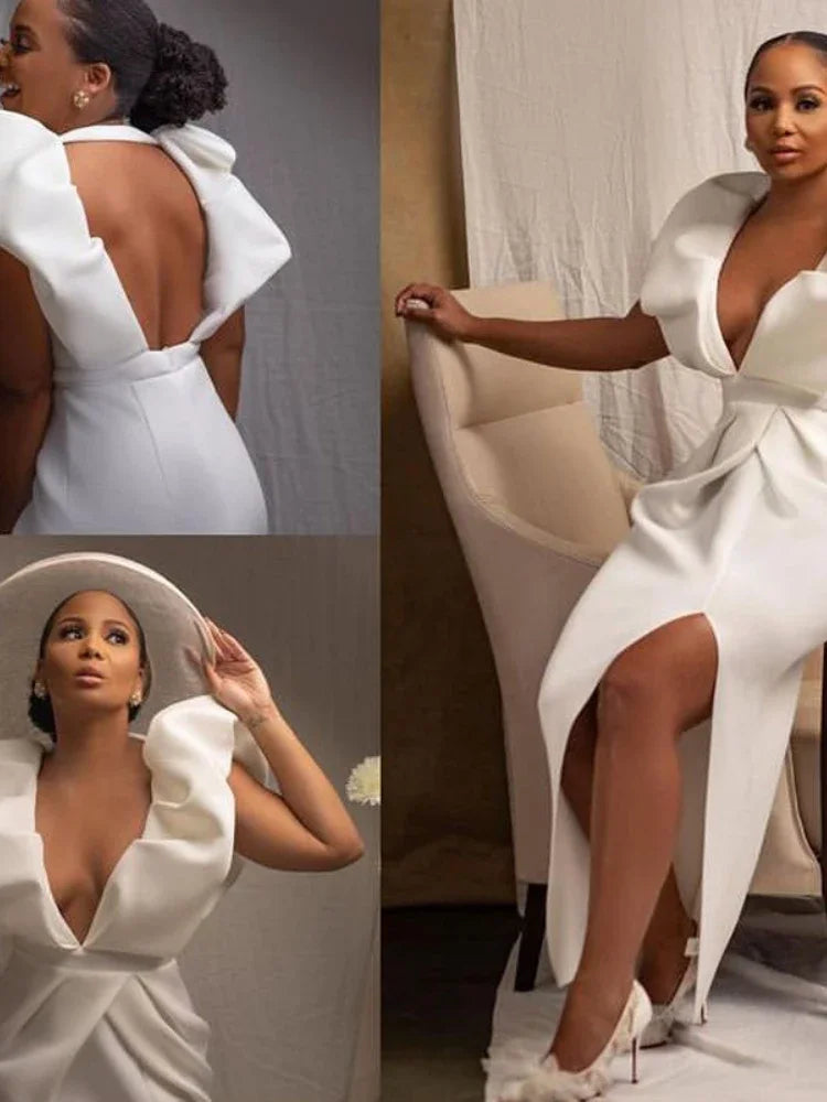 qgtao Sexy Deep V Neck Plus Size White Dresses High Waist Side Slit Bodycon Ruffles Backless Party Dress Special Occassion Women Robes