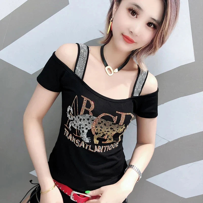 Runway Fashion European Women's Clothes Sexy Off Shoulder Letter Shiny Diamonds T-Shirts Luxury Brand Mesh Tees Tops Blouse