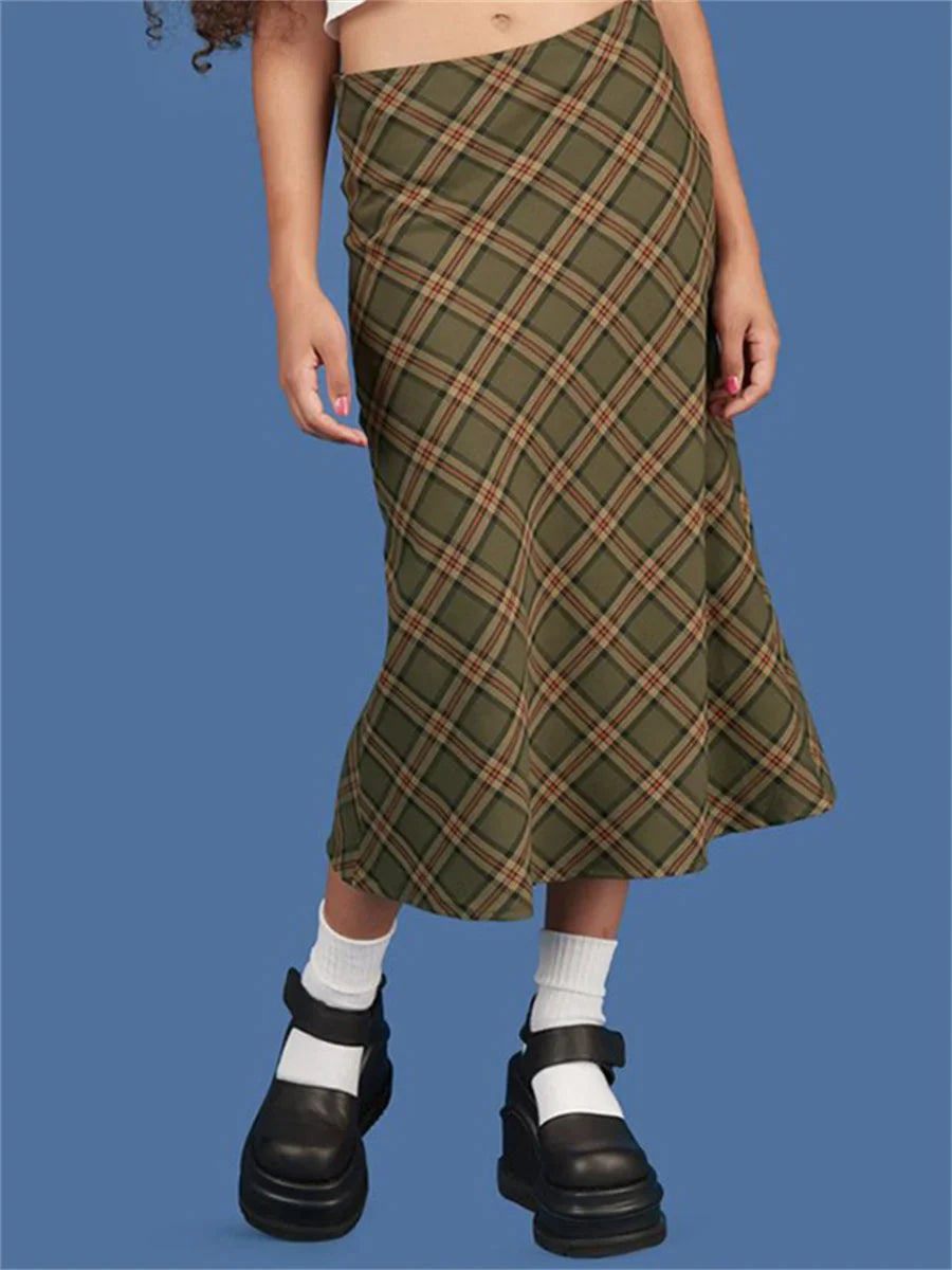 qgtao Women Y2k Harajuku Maxi Skirt Low Waist Plaid Printed Midi Skirt 2000s Vintage Bodycon Long Pencil Skirt Korean Fashion Street