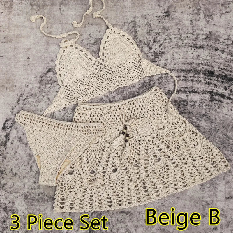 qgtao 2/3 Piece Set Hand Crochet Florens Bikini Women Sexy Beach Skirt Boho Style Elastic Waistband