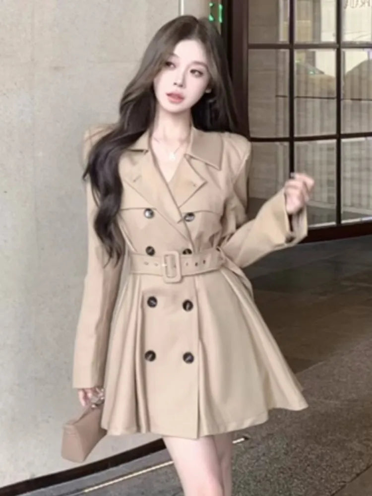 qgtao Autumn New Korean Chic Elegant Trench Coat Dresses for Women with Belt Turn-down Collar Double Breasted Casual Female Clothing