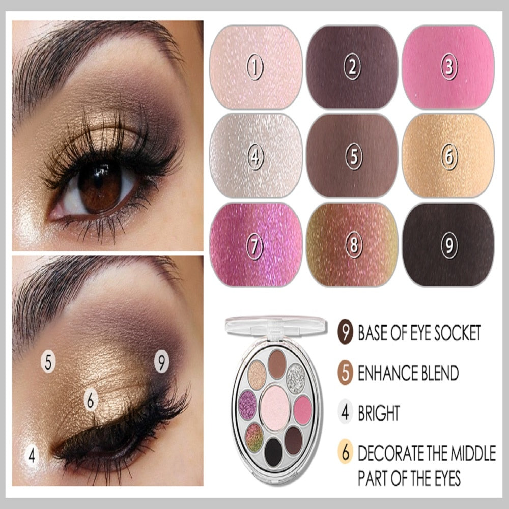 9 Colors Glitter Eyeshadow Palette Waterproof Long-lasting Shiny Shimmer Powder Eye Makeup Cosmetics