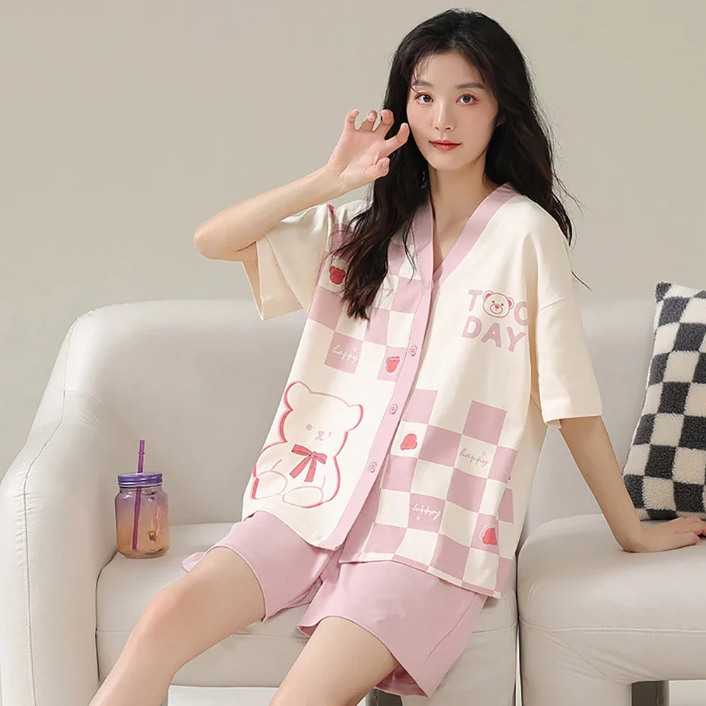 qgtao Sleepwear M-2XL 100% Cotton Trousers Sets Cartoon Print V Neck Sleepwear Summer Thin Short Sleeve Pajama Casual Comfortable Pijama Mujer