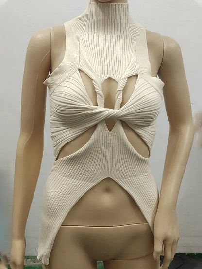qgtao Sexy Crop Top Women T shirt Summer Cut Out Vest Round Collar Sleeveless Solid Knitting Tank Tops  Hollow Out Street wear