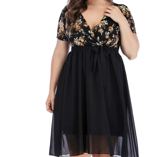 qgtao Plus Size Loose Floral Print Dress V Neck Short Sleeve High Waist Lace Up Perspective Mesh Splicing Elegant Vestido Feminino