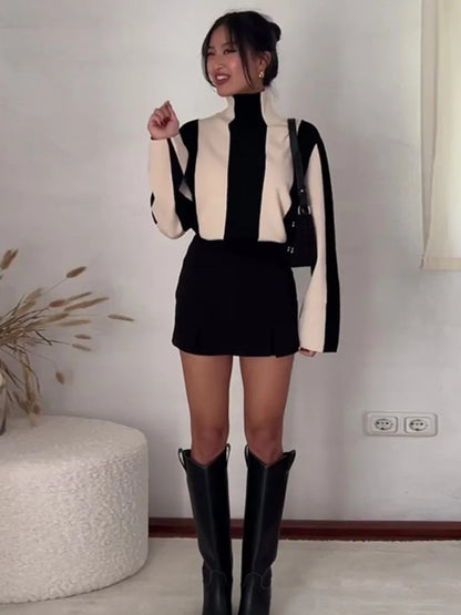 Vertical Stripe Mock Turtleneck Sweater For Women Autumn O-neck Long Sleeve Knitter Pullover Vintage Fashion Commute Jumpers