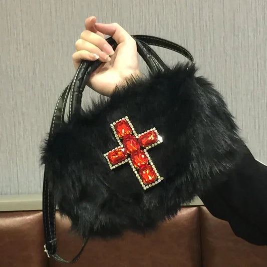 qgtao Y2k Gothic Handbag Soft Plush Black Cross Applique Shoulder Bag Fashion Harajuku Style Punk Hip Hop Biker Crossbody Bag