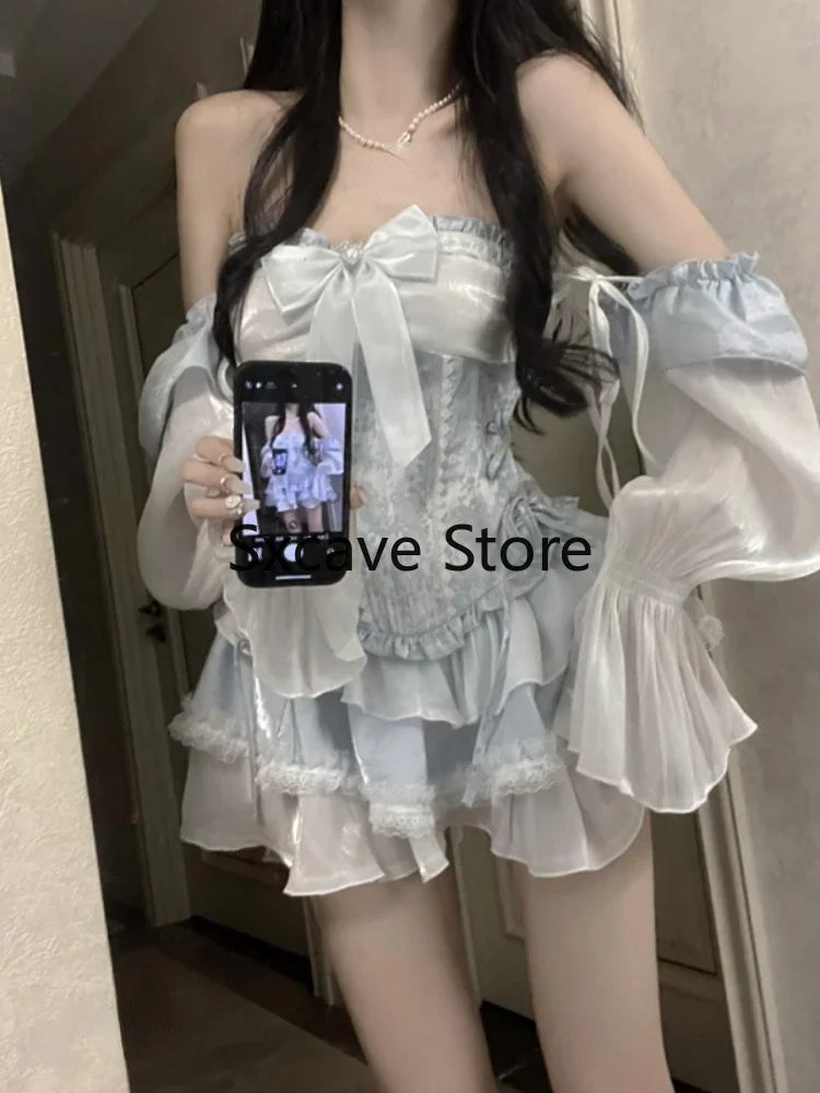 qgtao Kawaii Clothing Vintage 2 Piece Dress Sets Women Bodycon Vest + Japanese Style Y2k Mini Dress Even Party Lolita Suits 2023 Chic