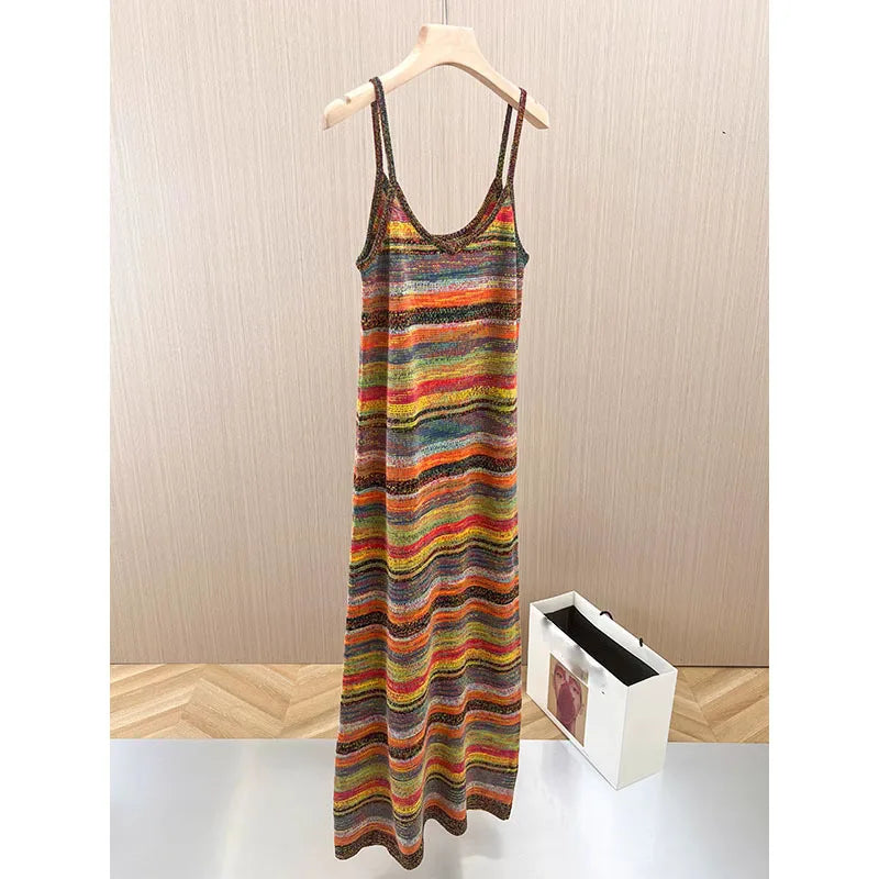 qgtao Spaghetti Strap Striped Bodycon Crochet Midi Dress 2024 Vintage Retro Chic Y2K 90s Fashion Korean Vintage Harajuku Long Dress