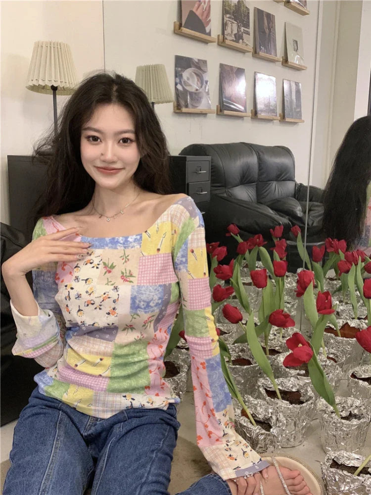 qgtao  -   Harajuku Patchwork T Shirt Women Flare Sleeve Hotsweet Slim Tees Korean Fashion Girl Tops Designer Y2k Aesthetic Clothes