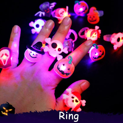 qgtao 10pcs Halloween Decorations for Home Glowing Ring Brooch Pumpkin Ghost Skull Rings for Kids Gifts Halloween Party Supplies