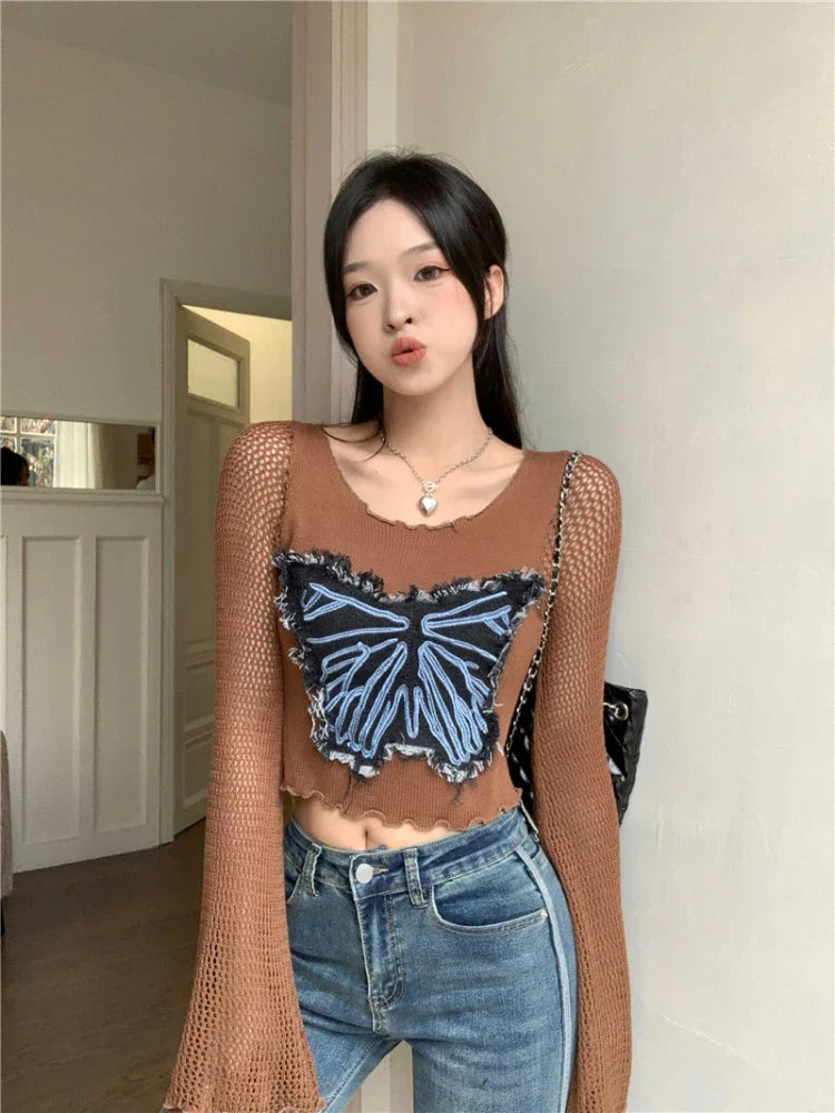 qgtao Y2k Sweater Vintage Butterfly Embroidery Knitted Pullover Suqare Neck Long Hollow Out Flare Sleeves 2024  Autumn Tops.