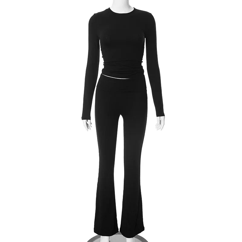 qgtao Leisure Fold Over Pants Suit Women Crew Long Sleeve Slim Crop Top Flare Pants Sports Causal Set Hottie Autumn Street wear