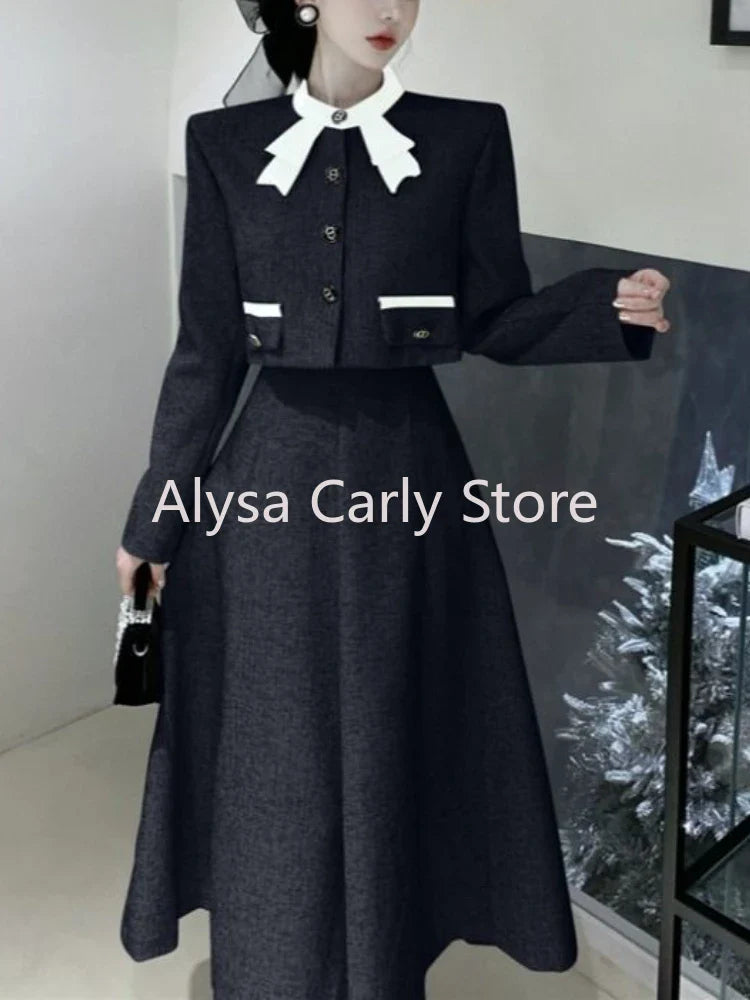 qgtao Korean Elegant Two Piece Set Women Autumn Chic Bow Coat Folds Midi Skirt Set Vintage Office Lady Formal Occasion Party Skirt Set