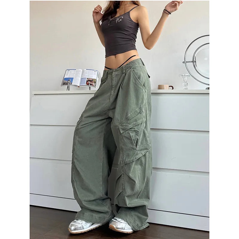 qgtao  -  2024 NEW Green Jeans for Women High Quality High Waist American Wide Leg Pants Solid Y2K Vintage Straight Summer Trousers