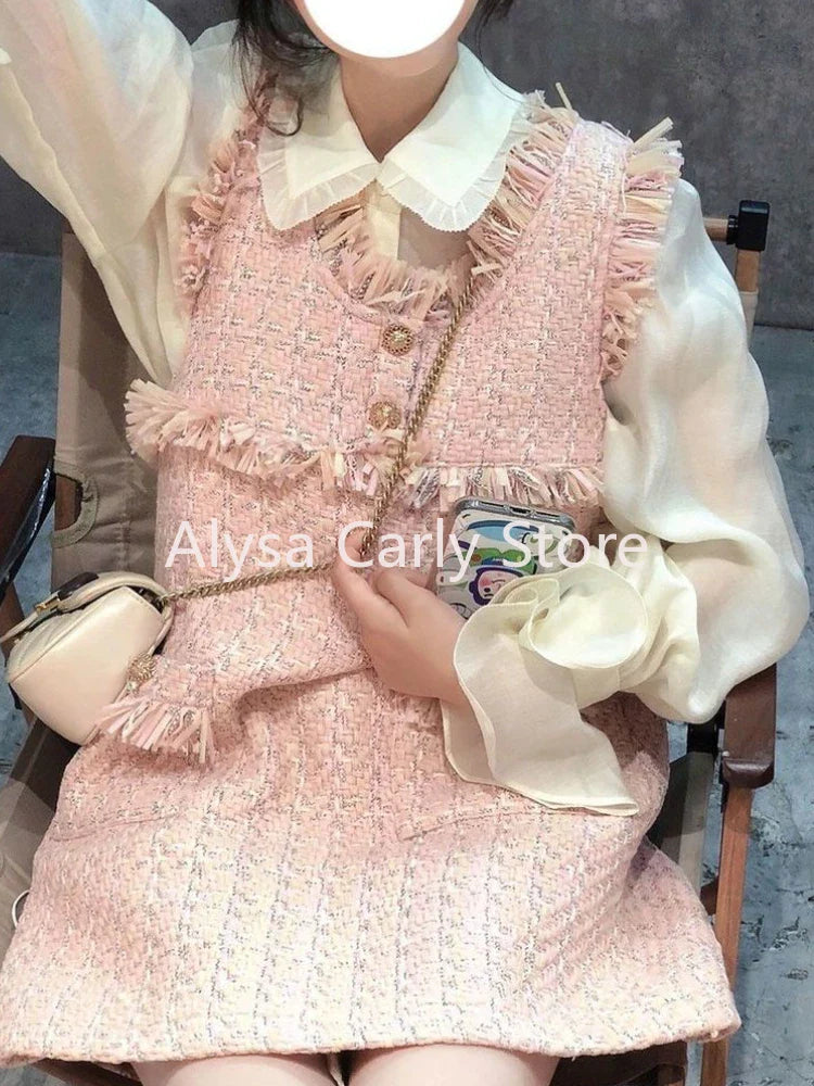 qgtao Fairy Sweet Two Piece Set Women Autumn Vintage Elegant Shirt Pink Cute Dress Set Casual Korean Style Formal Party Dress Set 2024