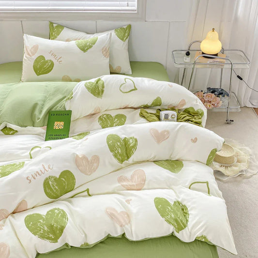 Yeknu Sweet Green Heart-Shaped Princess Girls Duvet Covers Simple Quilt Cover Bed Flat Sheet Pillowcase Washed Cotton Bed Linens