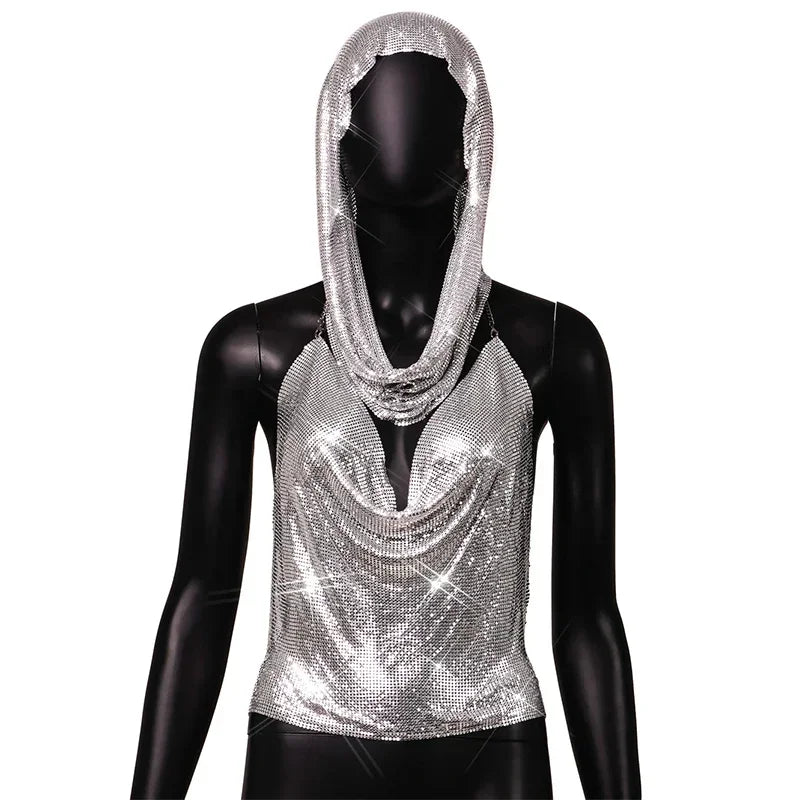 qgtao Fashion Metal Sequined Y2k Women Crop Top Tank Tops with Headscarf Metallic Sequins Sexy Backless Hollow Out Halter Corset top