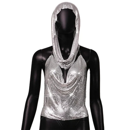 qgtao Fashion Metal Sequined Y2k Women Crop Top Tank Tops with Headscarf Metallic Sequins Sexy Backless Hollow Out Halter Corset top