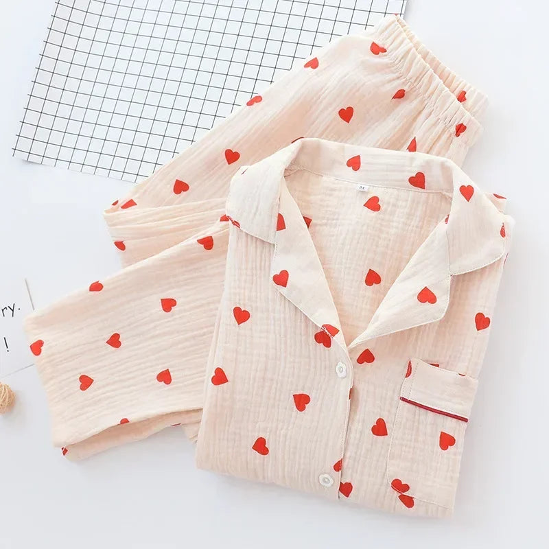 qgtao Lovely pure Cotton Women's Pajamas Ins Tiktok Popular Sweet Heart Printed Sleepwear Comfort Soft Cute Two-piece Set Homeclothing