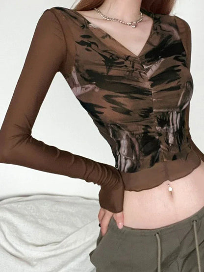 qgtao Y2k Vintage Mesh Patchwork Folds Printed V-neck T-shirt Long Sleeve Sexy Grunge Crop Tops Summer Fashion Tees 2024.