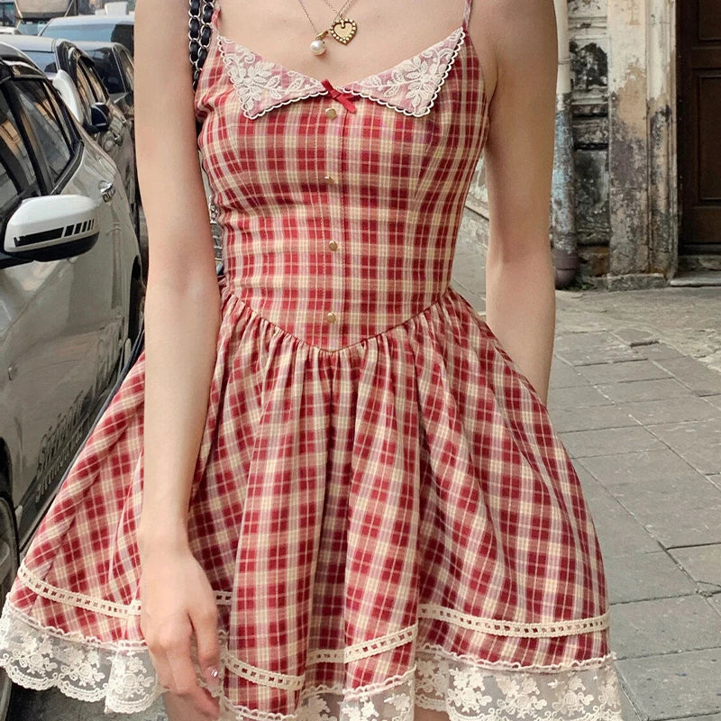 qgtao Vintage Sweet Red Plaid Dress for Women Kawaii Elegant French Style Bow Lace Party Mini Dress Retro Lolita Pleated Dress