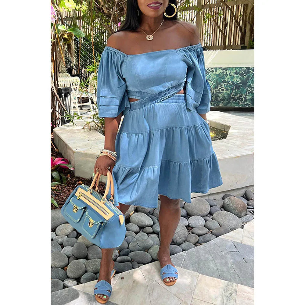 qgtao Plus Size Blue Daily Denim Off Shoulder Hollowed Out With Pocket Midi Dresses