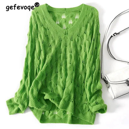 Women's Summer Oversized Sexy Hollow Cover-up Thin Knitted Sweaters Trendy Casual Solid V Neck Long Sleeve Crochet Pullover Tops