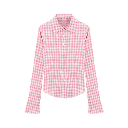qgtao  -  Y2k Pink Plaid Women Shirts Check Graphic Long Sleeve Blouses Female Spring Autumn Sexy Slim Button Up Cardigan Chic Ins