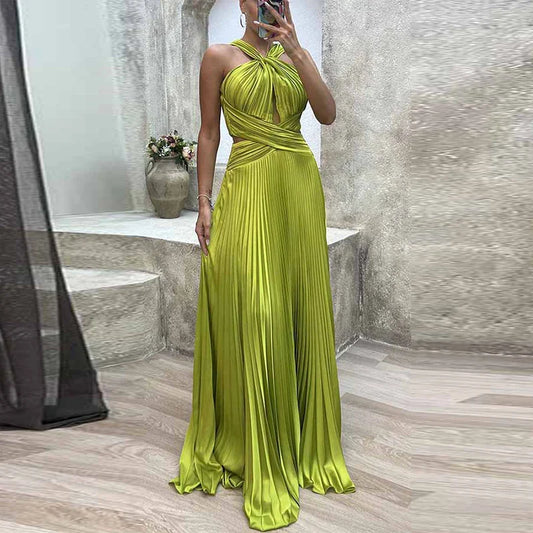 qgtao Fashion Banquet Halter Hollow Out Party Dress Women Temperament High Waist Slim Maxi Dress Elegant Sexy Pleated Slit Long Dress