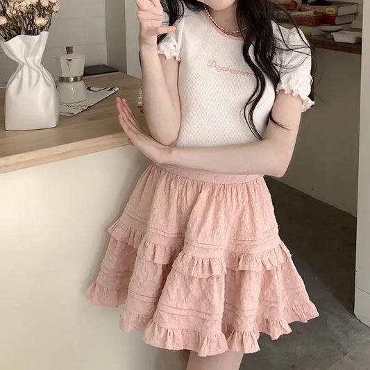 qgtao kawaii Japanese Style Women Mini Skirt Ruffle Layered Lolita Pink Cutecore Sweet Short Skirts Lace Elegant A-line Skirt