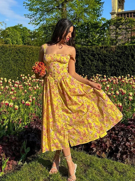 qgtao Summer Elegant Floral Print Midi Holiday Dress with Pocket Yellow Back Lace Up Party Dresses Casual Women Dress