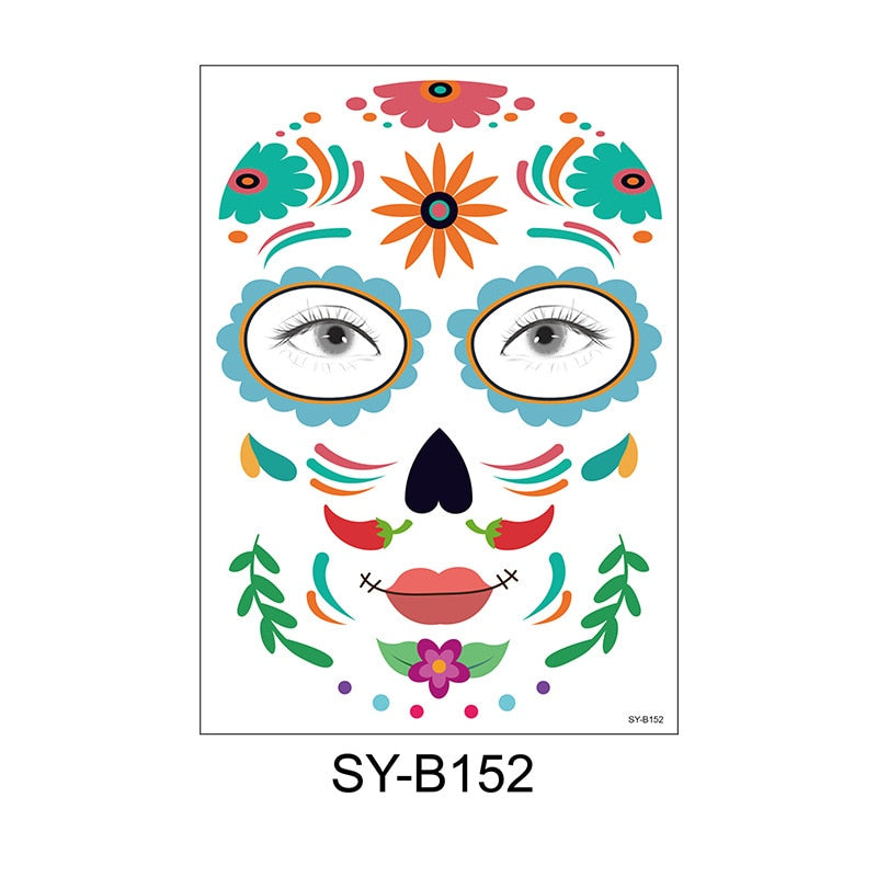 waterproof temporary tattoo sticker halloween face eye mouth fake tattoo water transfer Day of The Dead Skull Makeup Beauty