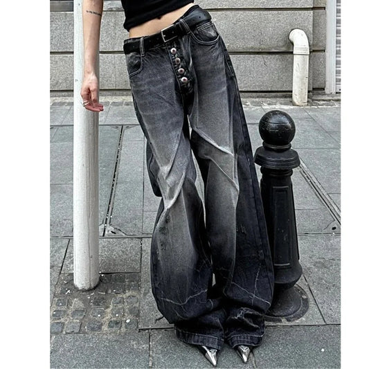 qgtao  -  Women Black Jeans Contrasting Colors High Waist American Street Wide Leg Pants Fashion Hip Hop Vintage Straight Autumn Trousers