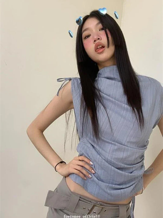 qgtao  -  Blue Sleeveless Tank Tops Women Striped Irregular T-shirts for girl Drawstring Lace Up High Neck Tees Hip Hop Streetwear