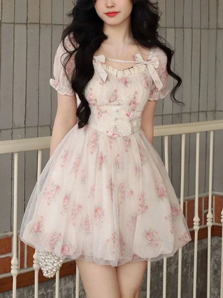 qgtao Summer Floral Sweet Mini Dress Women Print French Elegant Fairy Dress Female Korean Fashion Cute Party Mini Dress Summer 2024