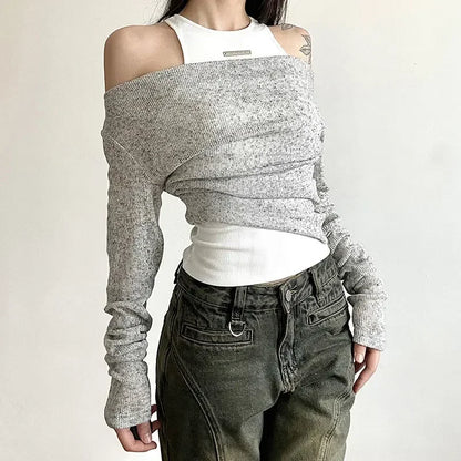 HOUZHOU Two Pieces Set Women Long Sleeve T-shirts Grunge Y2k Aesthetic Vintage Streetwear Solid Crop Top+Bottoming Tanks Fashion